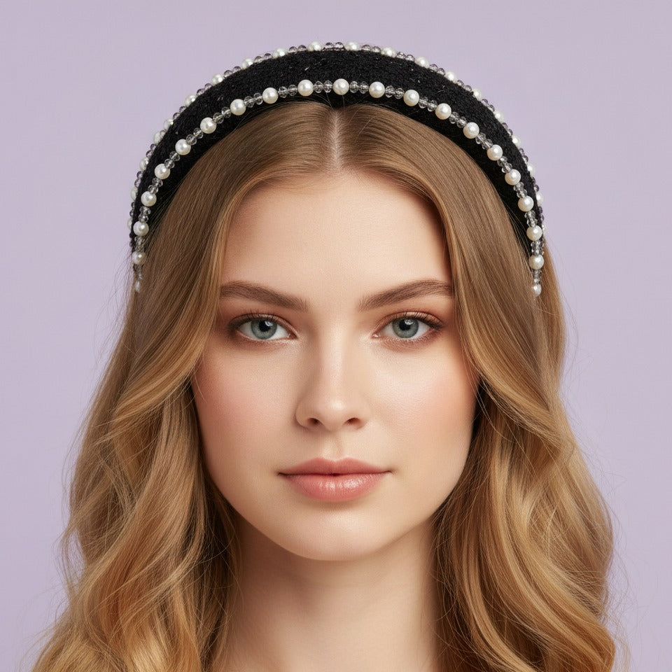 Pearl Embellished Padded Headband - Black