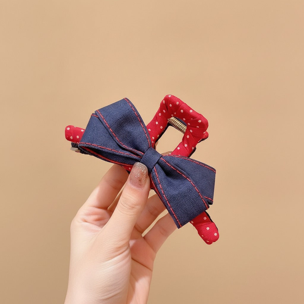 Preppy Bow Hair Claw Clip Set - Navy & Red