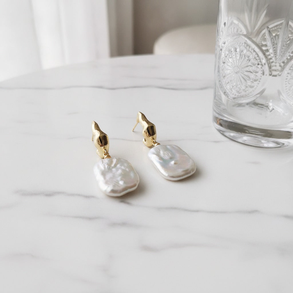 Twisted Pearl Drop Earrings - Square Pearl
