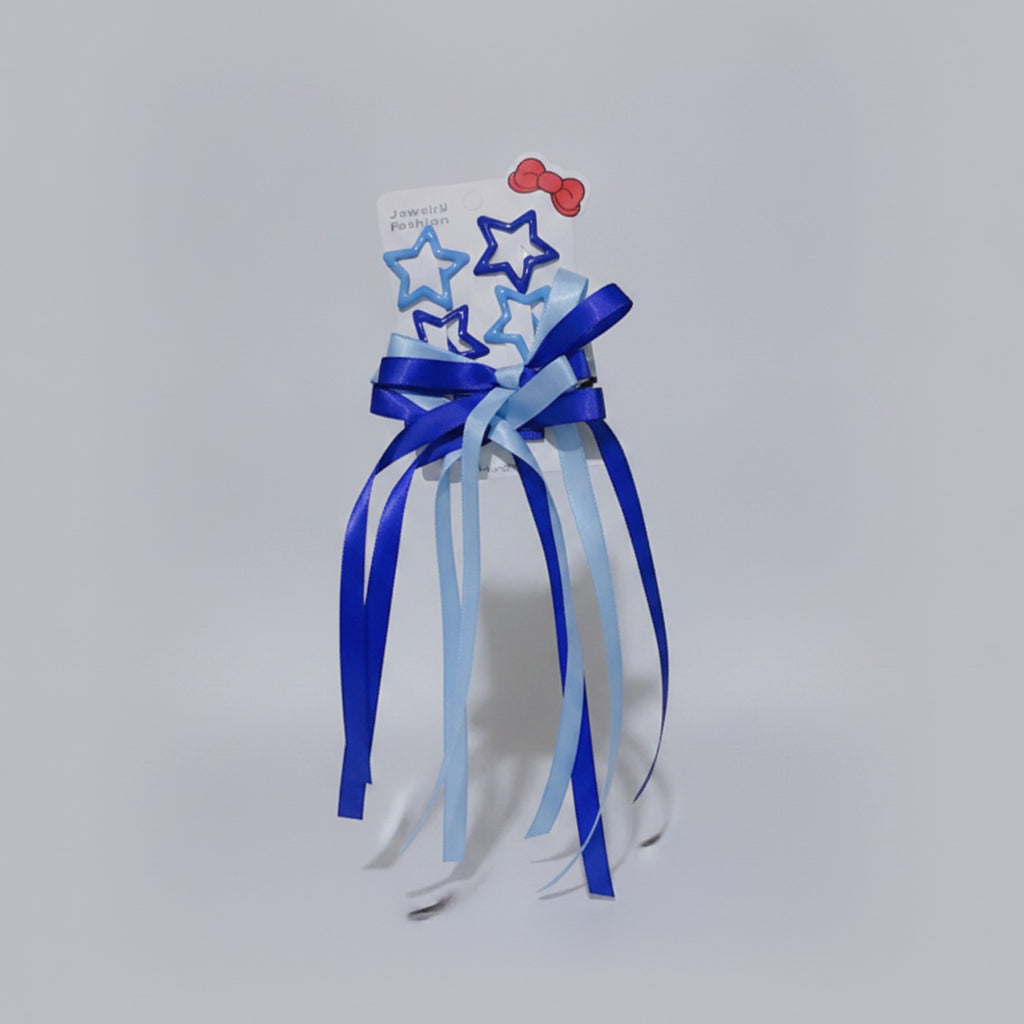 Star & Bow Hair Clip Set Dual Blue