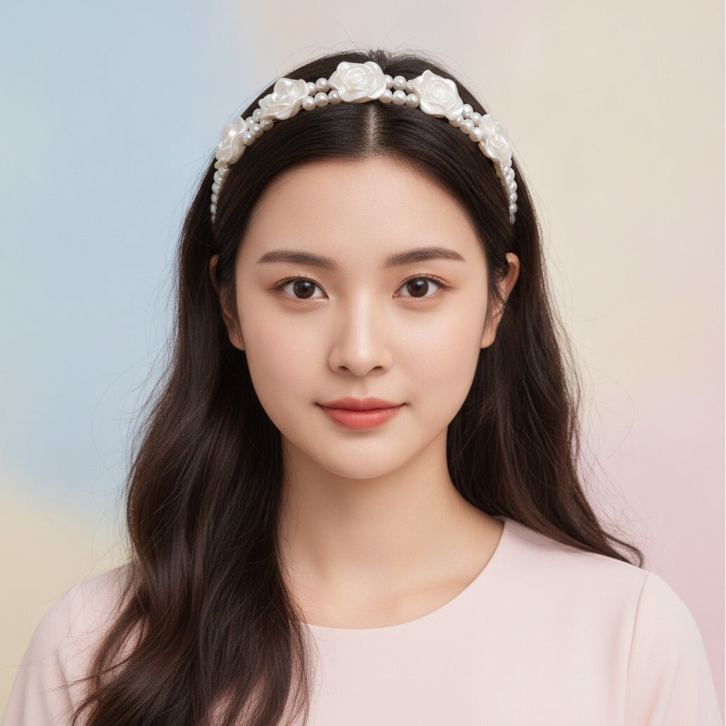 Pearl Double Row Camellia Headband - Pearl Camellia