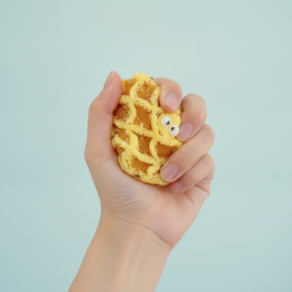Waffle Cookie Squishy With Googly Eyes - squeeze in hand