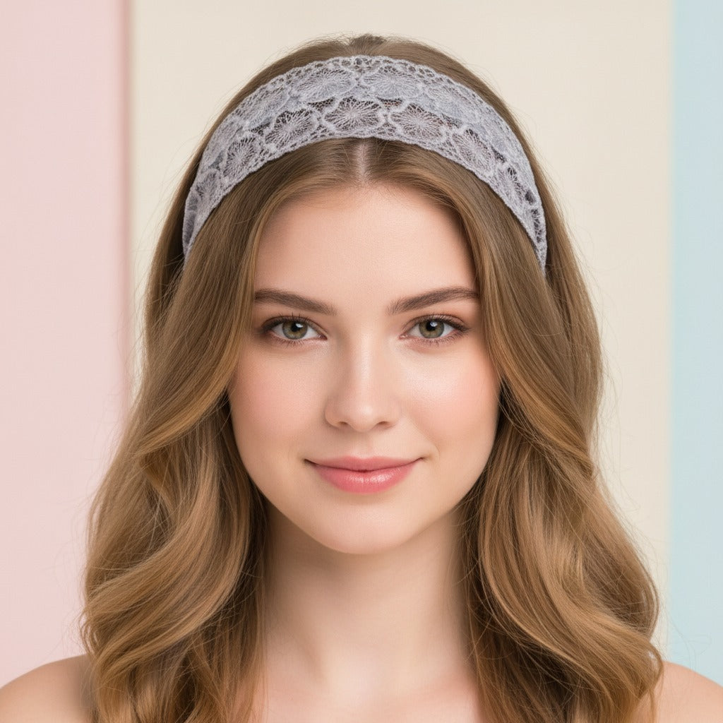 Embroidered Lace Padded Headband - Gray
