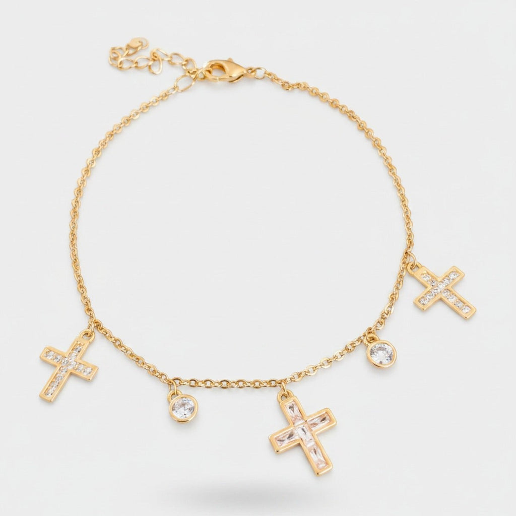 Gold Cross Charm Bracelet With Rhinestones – jewelry (view 1)