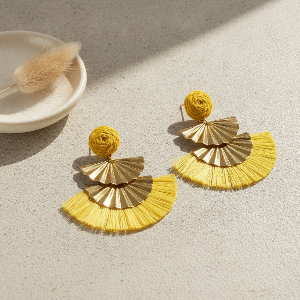 Tiered Tassel Statement Earrings - Golden Yellow