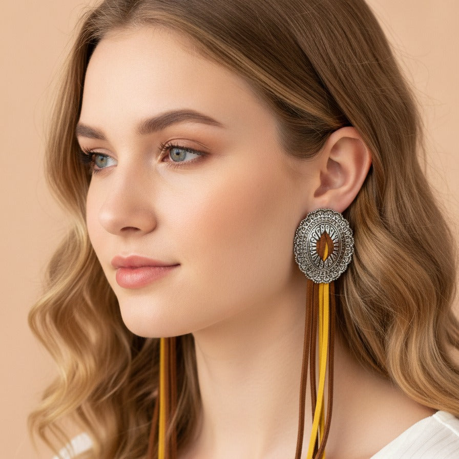 Ornate Medallion Tassel Earrings - Mustard & Cognac