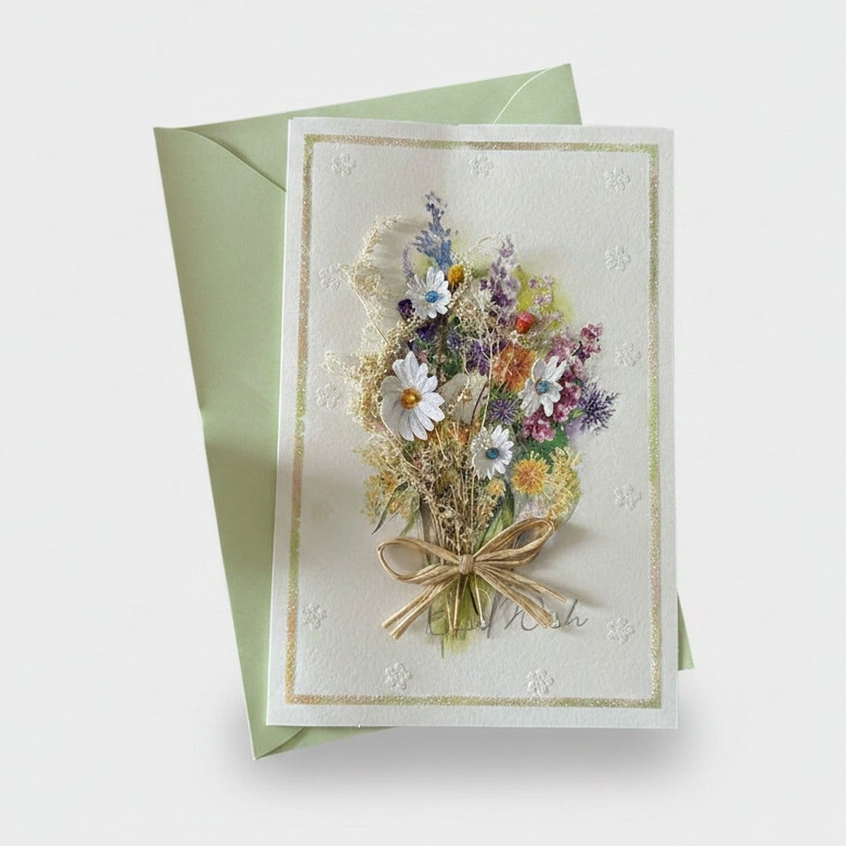 Dried Flower Bouquet Greeting Card With Gold Bow – stationery (view 1)