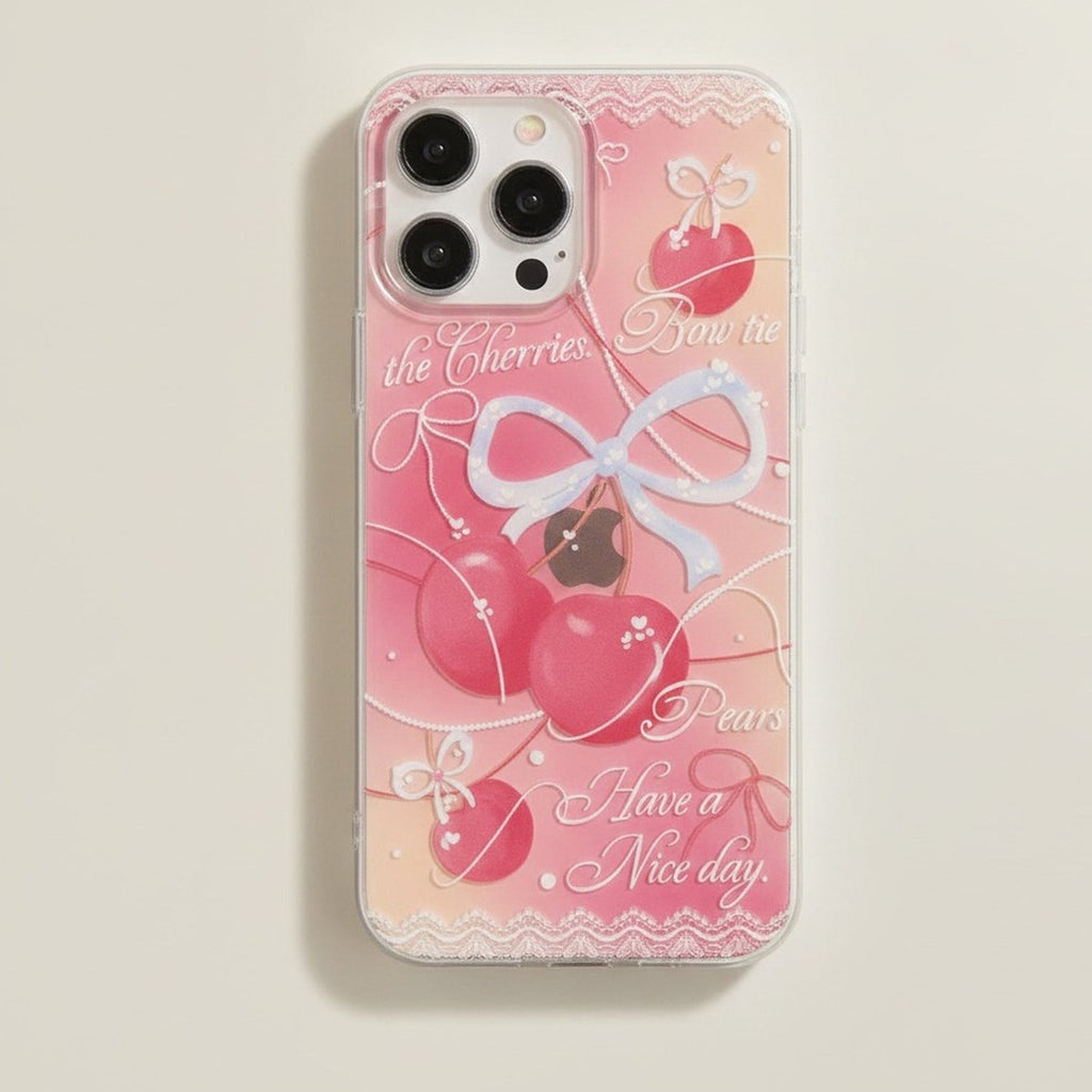 White Pink Cherry Bow iPhone Case – tech (view 1)