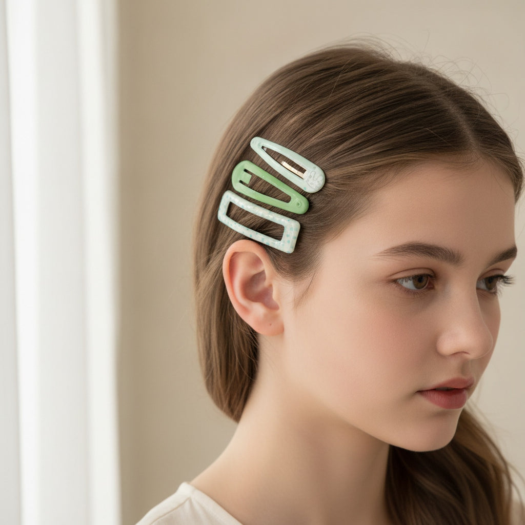 Le Ting Printed Snap Hair Clip Set Green Stripe & Bunny