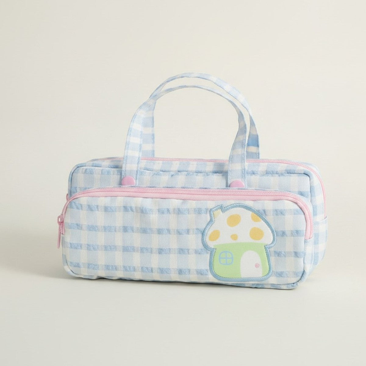 Cute Gingham Mushroom Dual-Zip Pencil Case – stationery (view 1)