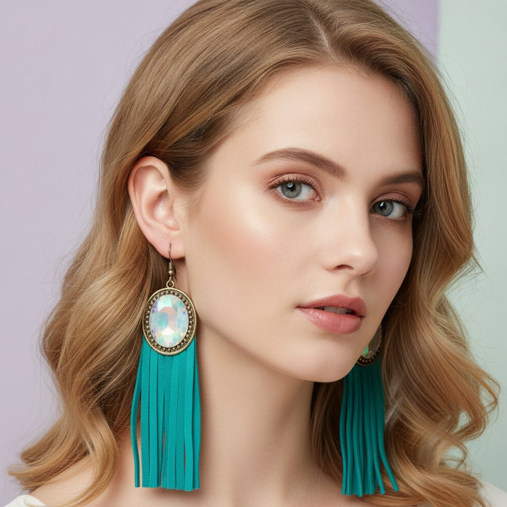 Opal Stone Tassel Dangle Earring - Teal