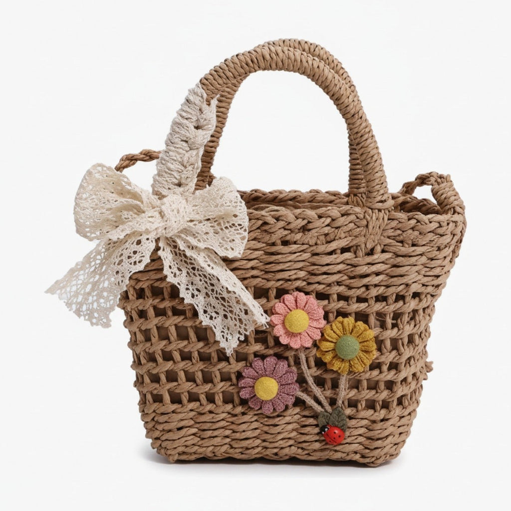 Woven Straw Basket Bag With Flower Charms - Khaki – apparel accessories (view 1)