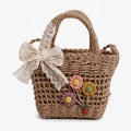 Woven Straw Basket Bag With Flower Charms - Khaki – apparel accessories (view 1)