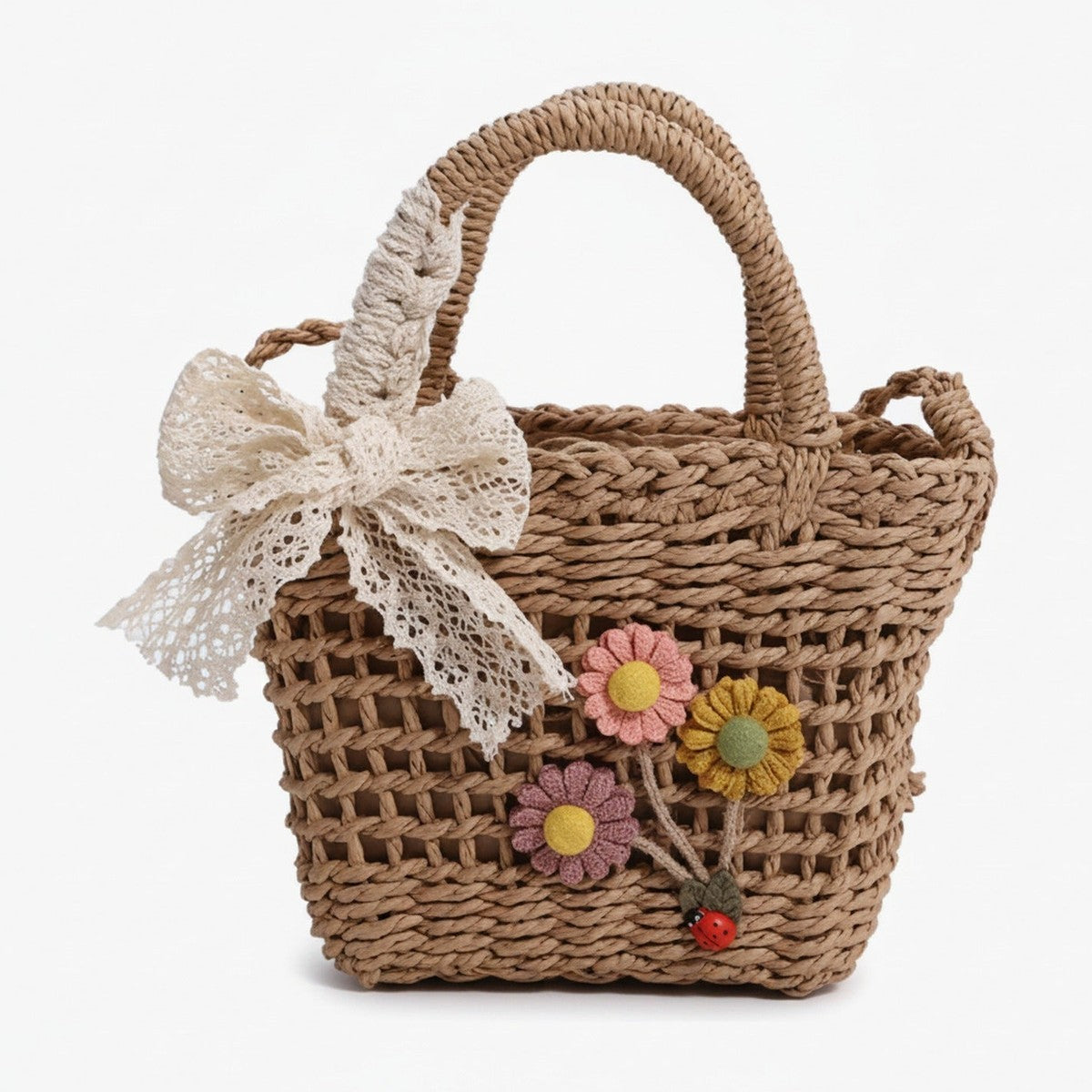 Woven Straw Basket Bag With Flower Charms - Khaki – apparel accessories (view 1)