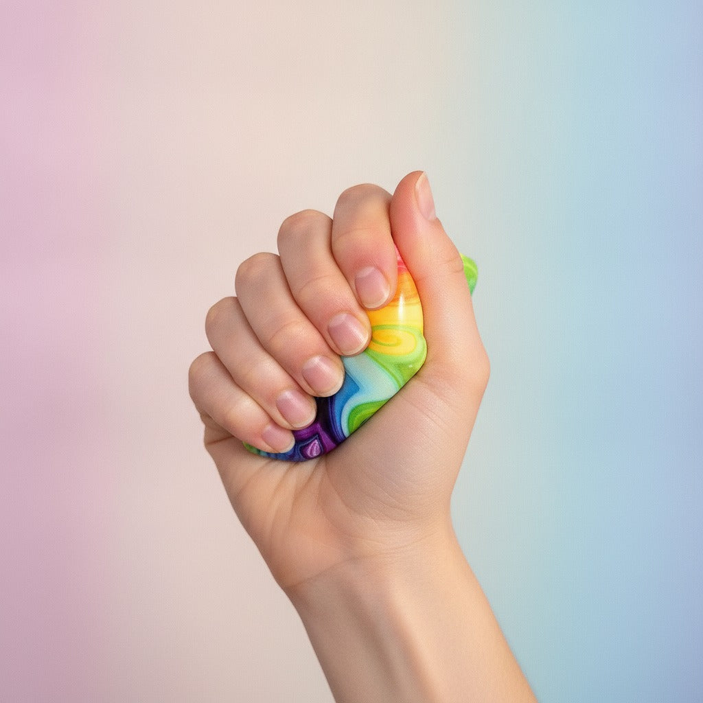 Trippy Eyes Squishy Cube - Fluid Rainbow - squeeze in hand