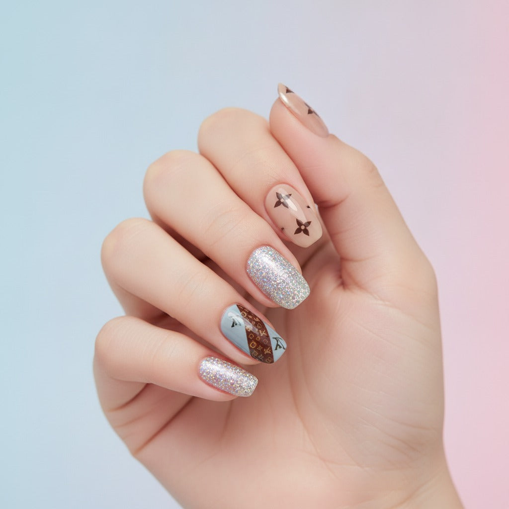 Feather & Sparkle Nail Set - Sage Feather & Gold Glitter
