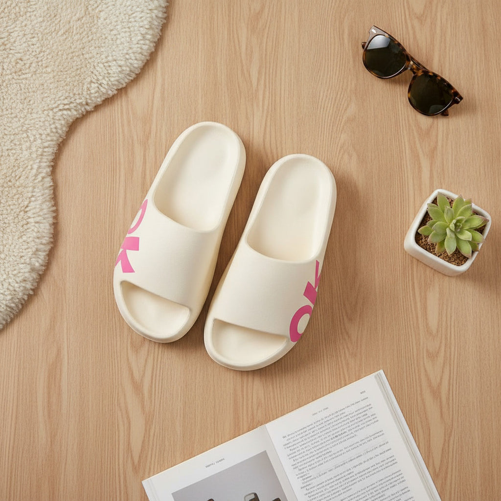 OK Slide Slippers White With Pink Text