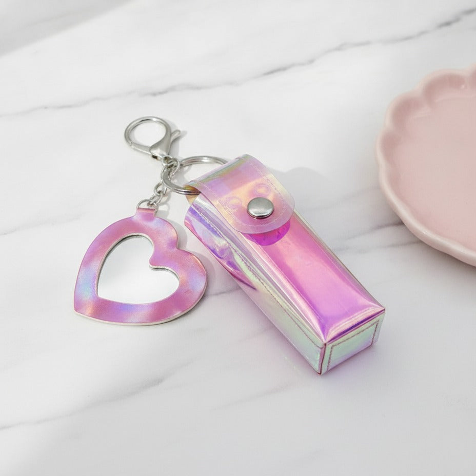 Holographic Heart Charm Keychain - Pink