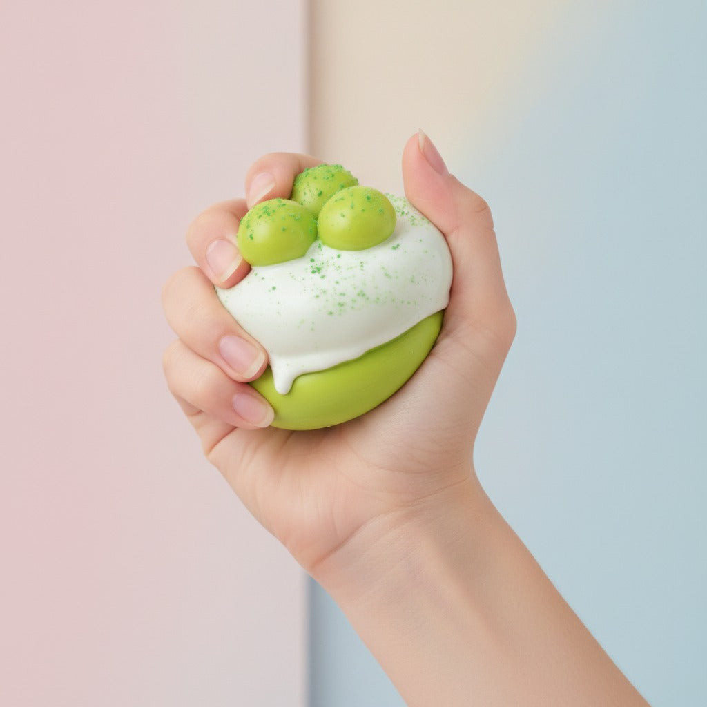 Green Matcha Dessert Treat With Candy Topping - squeeze in hand