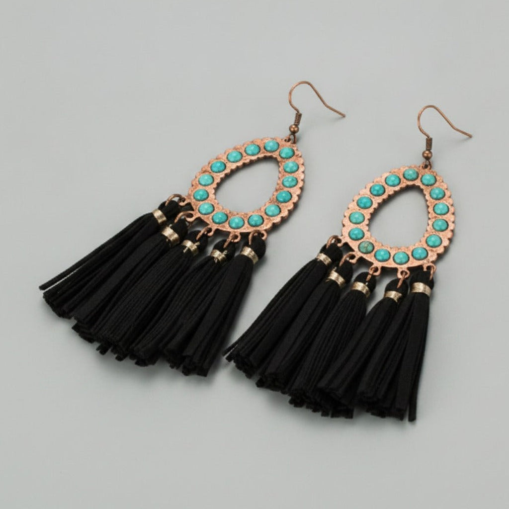 Turquoise Stone Tassel Drop Earrings - Black
