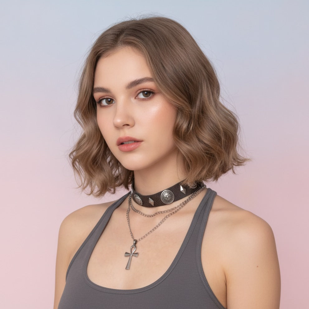 Cross Charm Layered Necklace - Black Silver