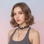 Cross Charm Layered Necklace - Black Silver