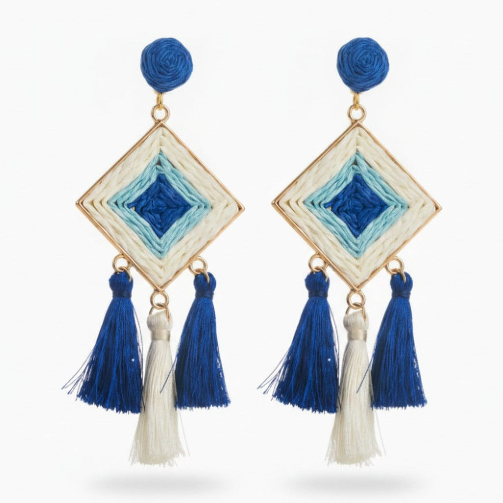 Woven Diamond Tassel Dangle Earrings - Blue