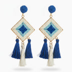 Woven Diamond Tassel Dangle Earrings - Blue