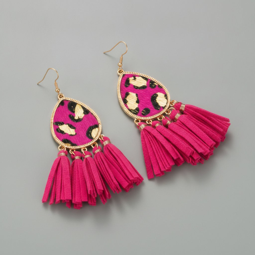Leopard Print Tassel Drop Earrings - Rose