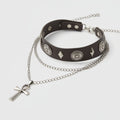 Cross Charm Layered Necklace - Black Silver