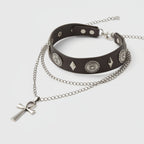 Cross Charm Layered Necklace - Black Silver