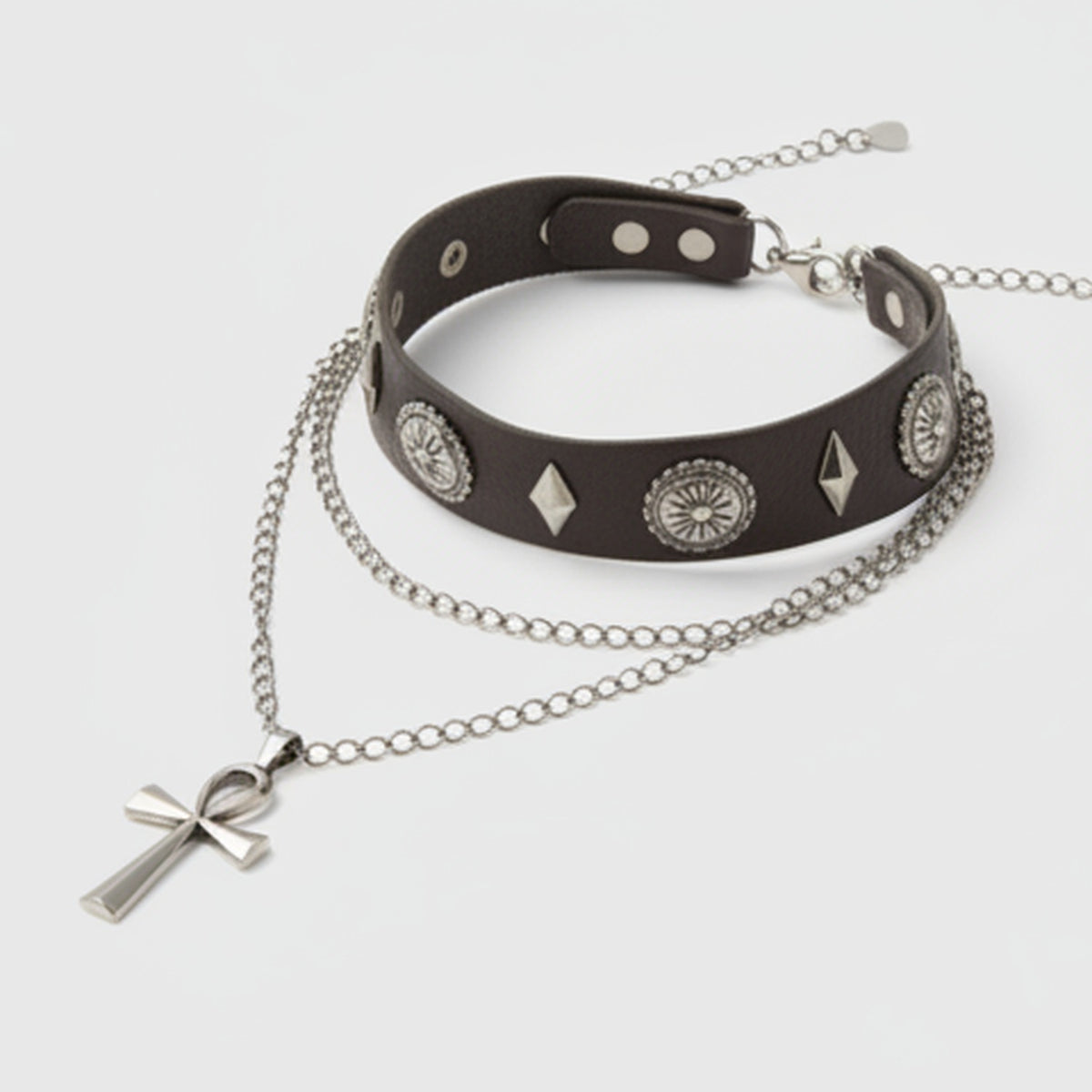 Cross Charm Layered Necklace - Black Silver