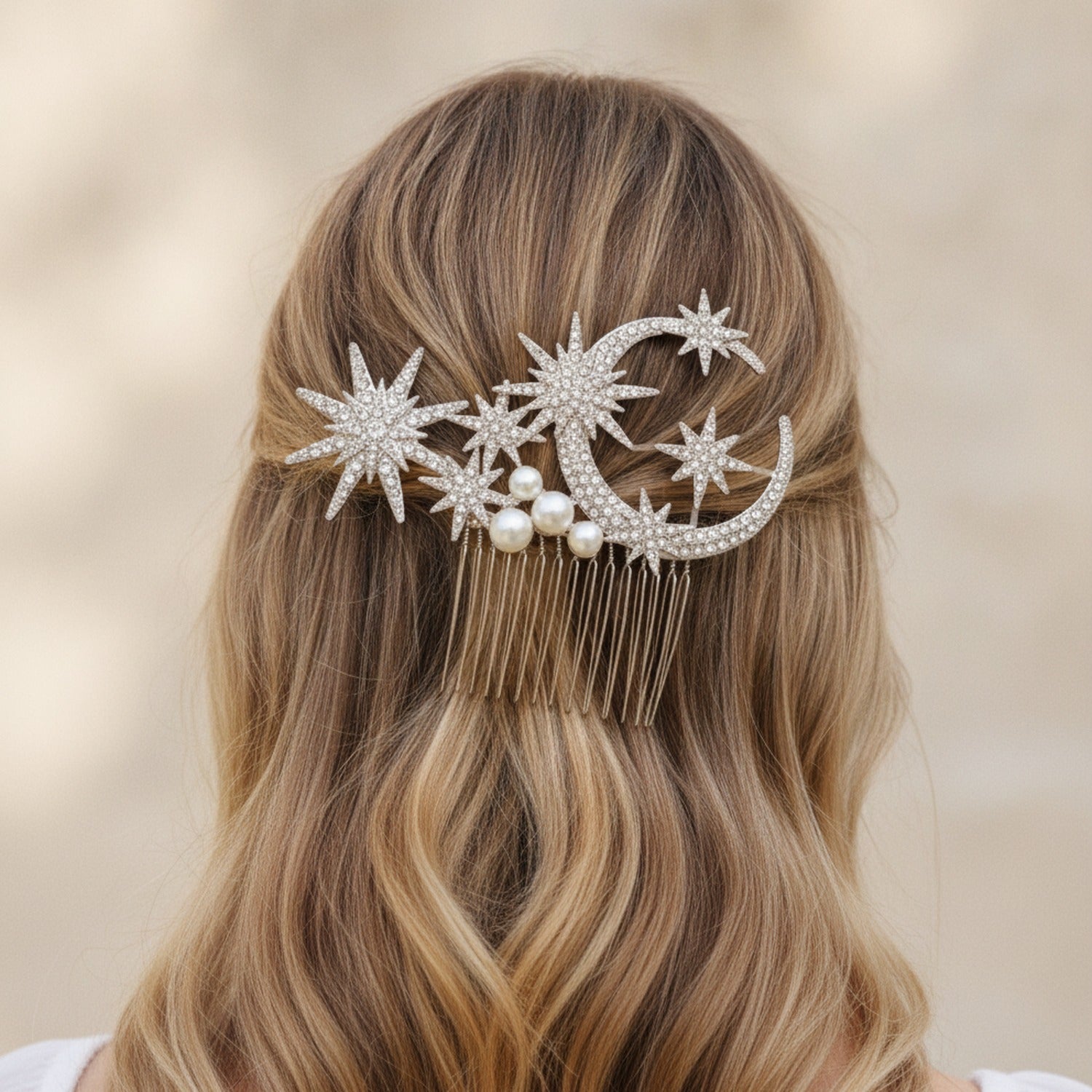 Celestial Star & Moon Hair Comb Silver Crystal