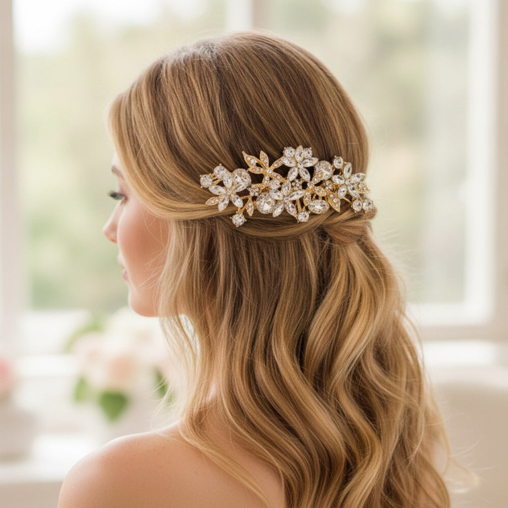 Crystallized Flower Hair Comb Gold