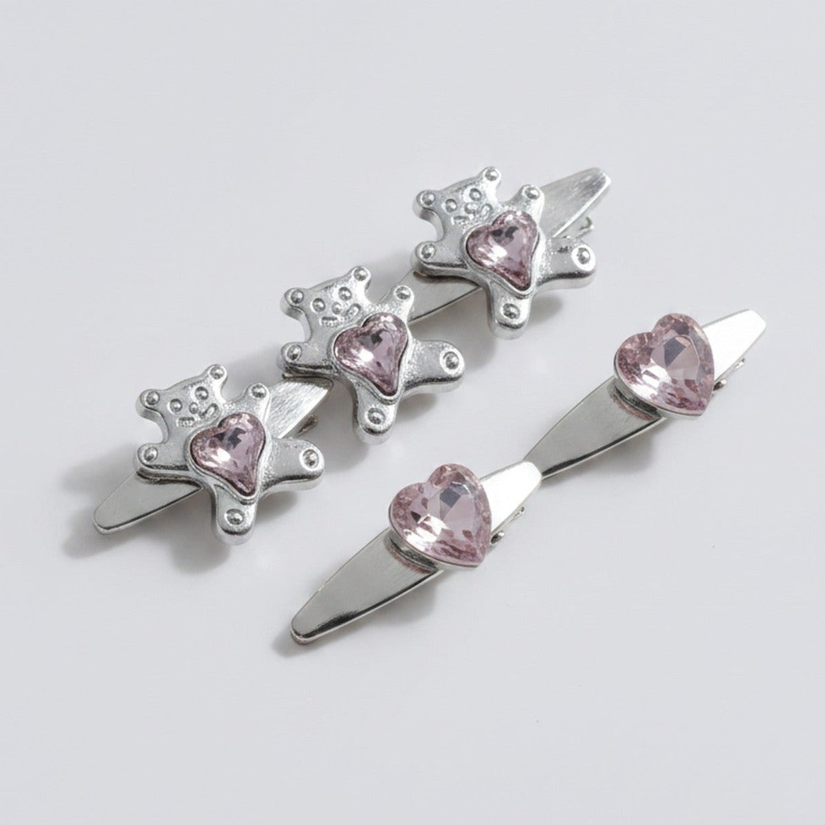 Gemstone Heart Claw Hair Clip Set - Pink Bear – hair accessories (view 1)