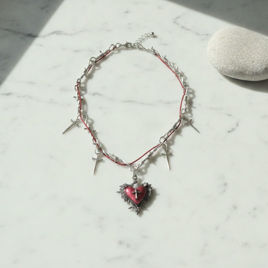Thorned Heart Pendant Necklace - Silver & Burgundy