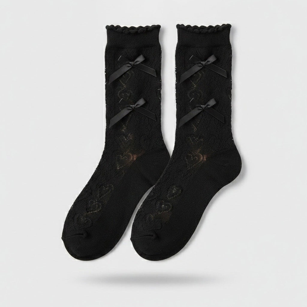 Black Lace Bow Heart Crew Socks – apparel accessories (view 1)
