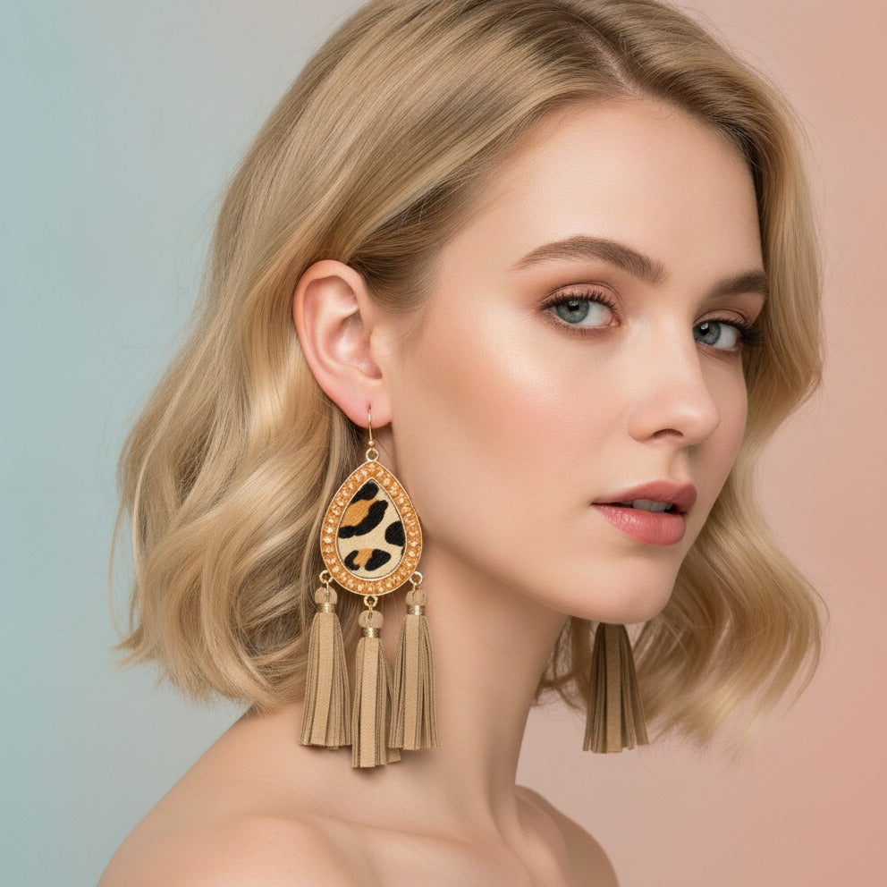Leopard Print Tassel Drop Earrings - Light Brown