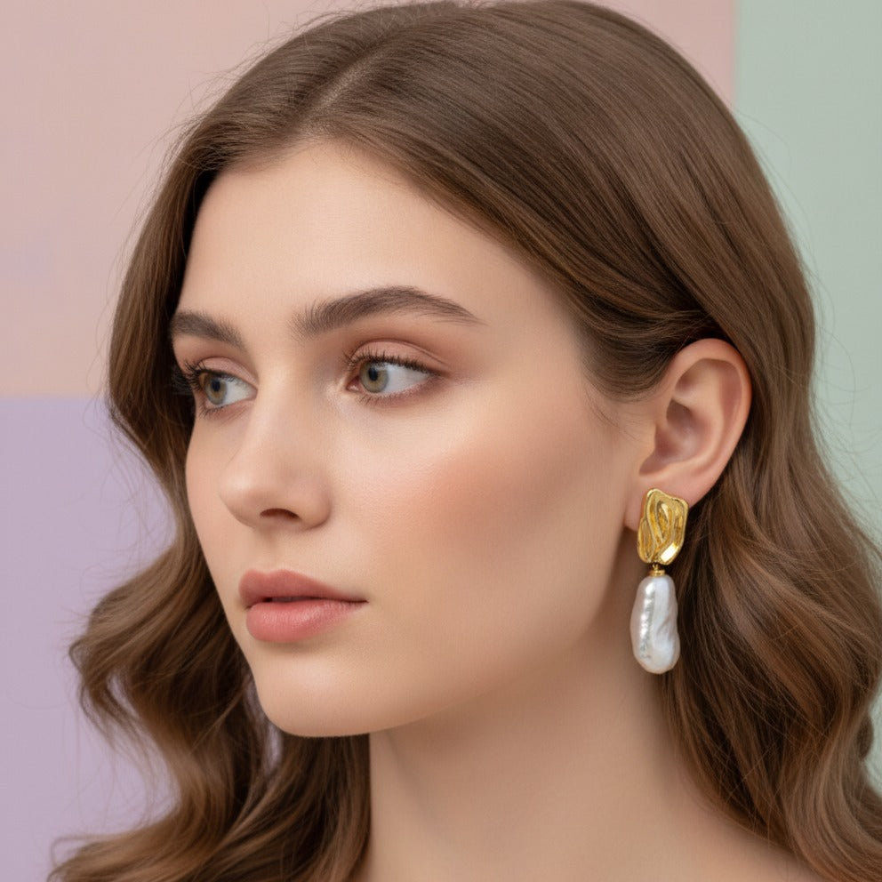Baroque Pearl Drop Earrings - Gold Pearl