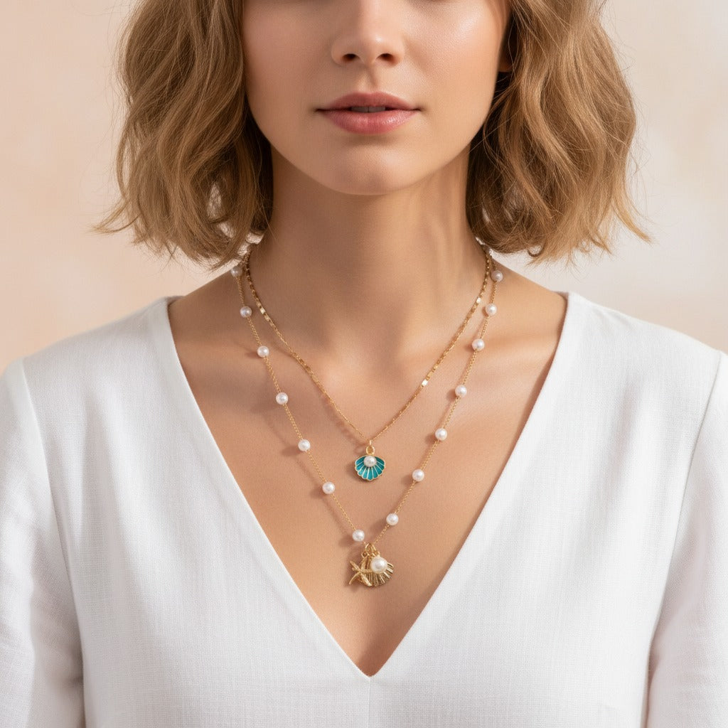 Layered Pearl Shell Charm Necklace - Gold & Teal
