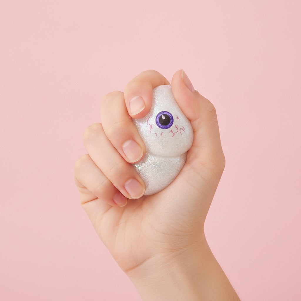 Spooky Dimple Squishy with Bamboo Steamer - Purple Ghost - squeeze in hand