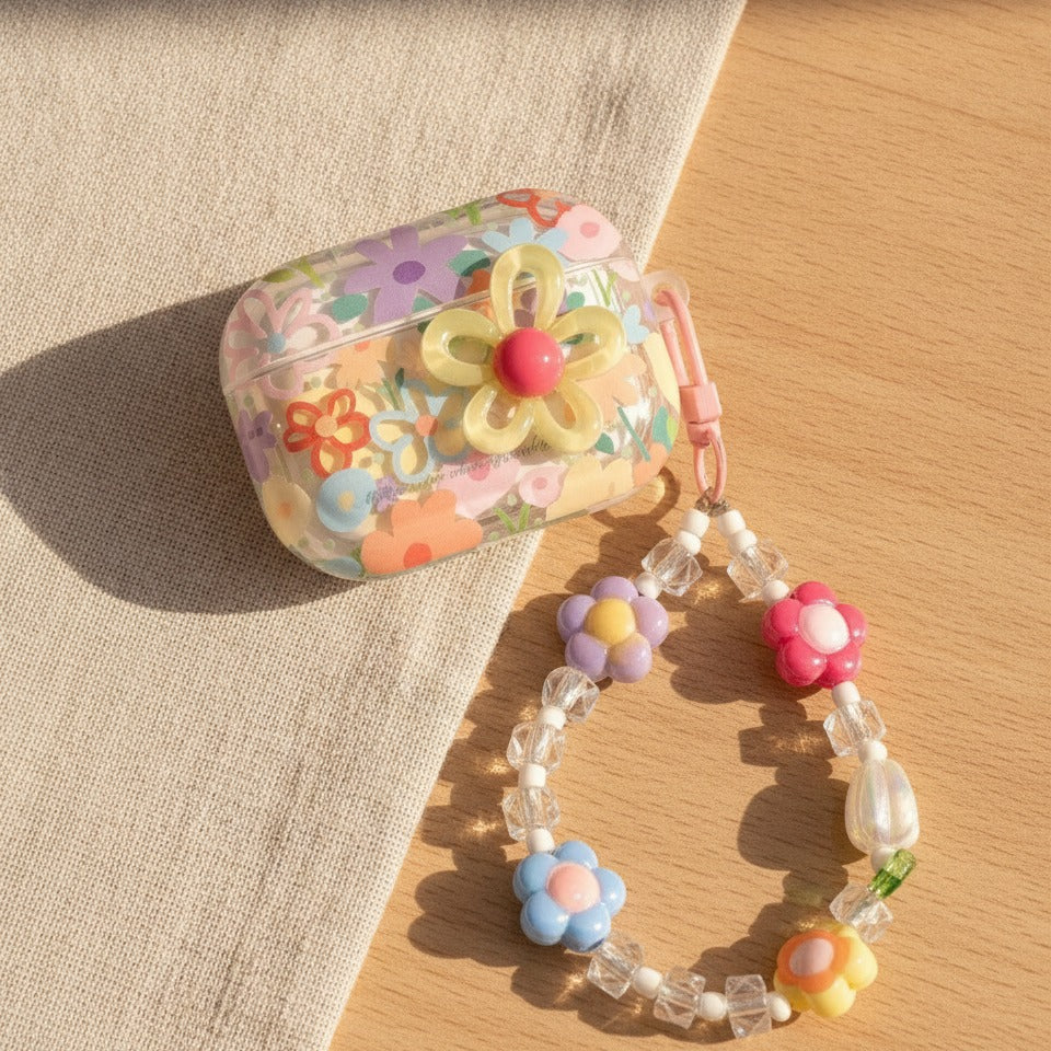 Floral Charm Earbud Case with Beaded Chain - Pastel Floral (for AirPods Pro 3)