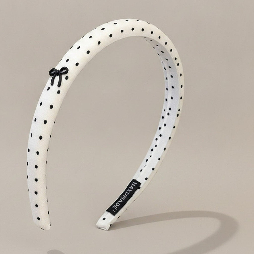 Rhinestone Studded Padded Headband Bow - Beige Polka Dot Hair Clip – hair accessories (view 1)