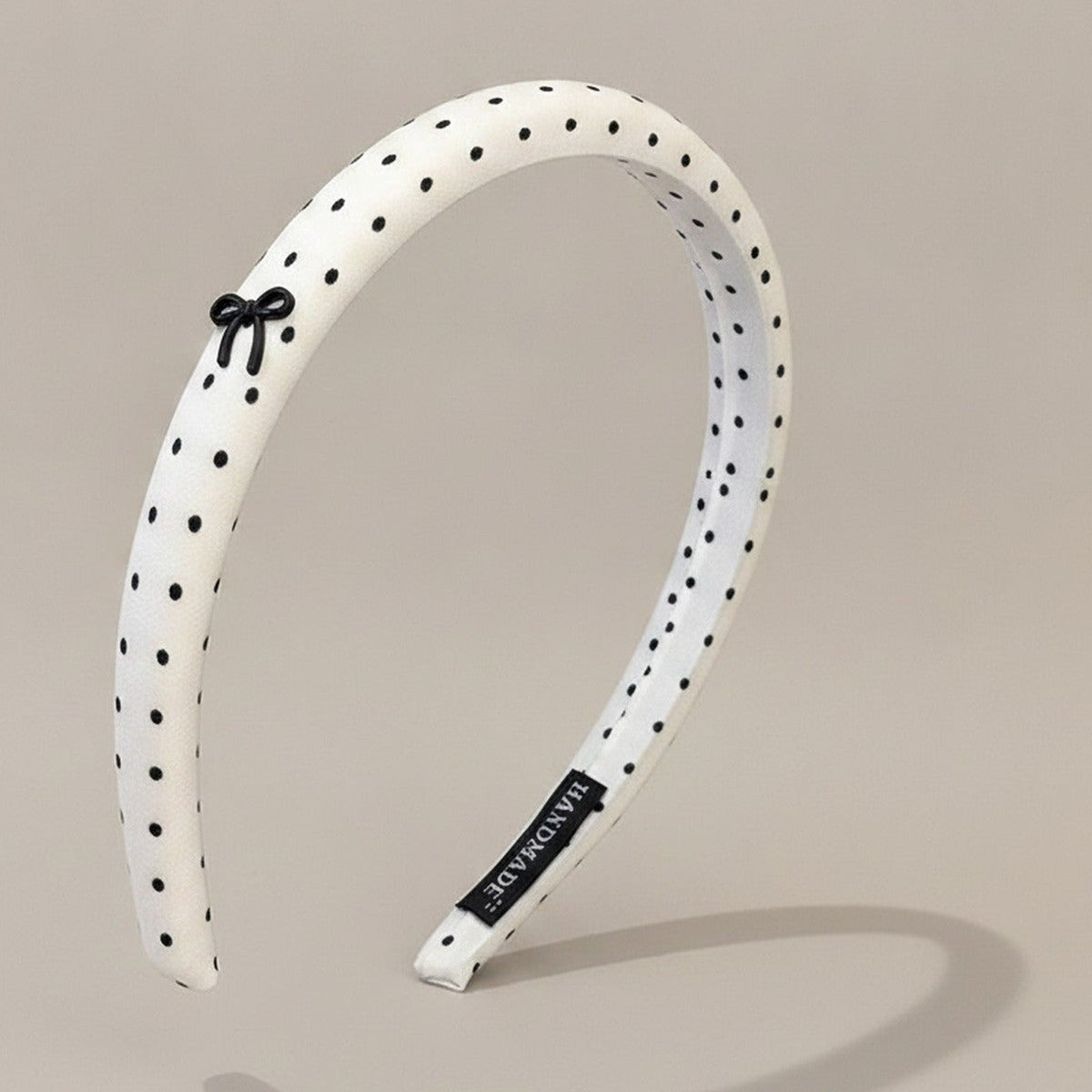Rhinestone Studded Padded Headband Bow - Beige Polka Dot Hair Clip – hair accessories (view 1)
