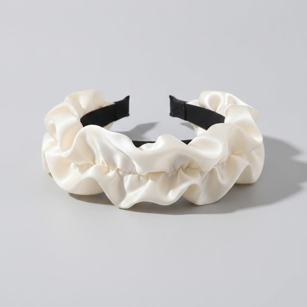 Ruched Fabric Padded Headband - Beige Intestine Ruffle 6cm – hair accessories (view 1)