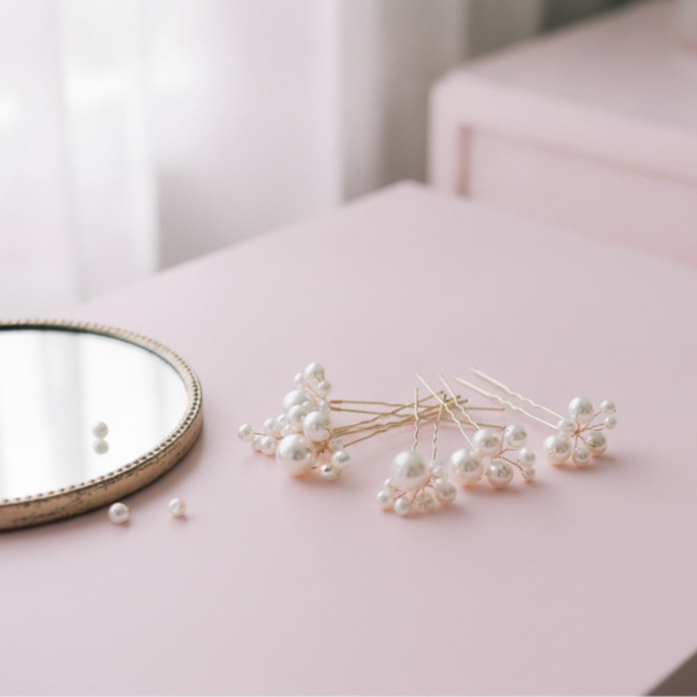 Pearl Hair Pin Set - Gold & White Pearl