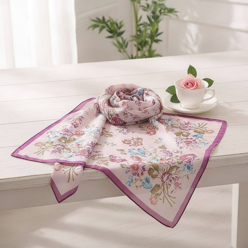 Vintage Floral Square Scarf - Purple Border