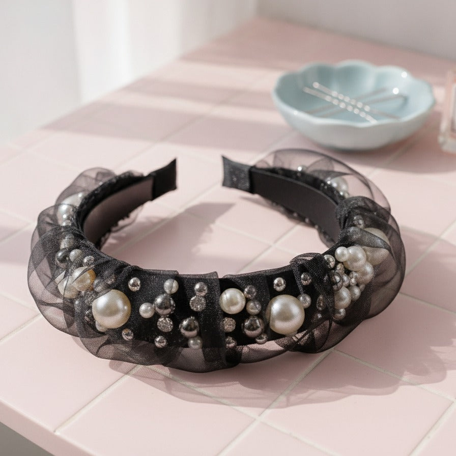 Pearl & Rhinestone Padded Headband - Black Pearl