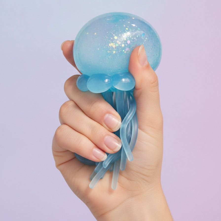 Blue Glitter Jellyfish Hard Plastic Toy - squeeze in hand