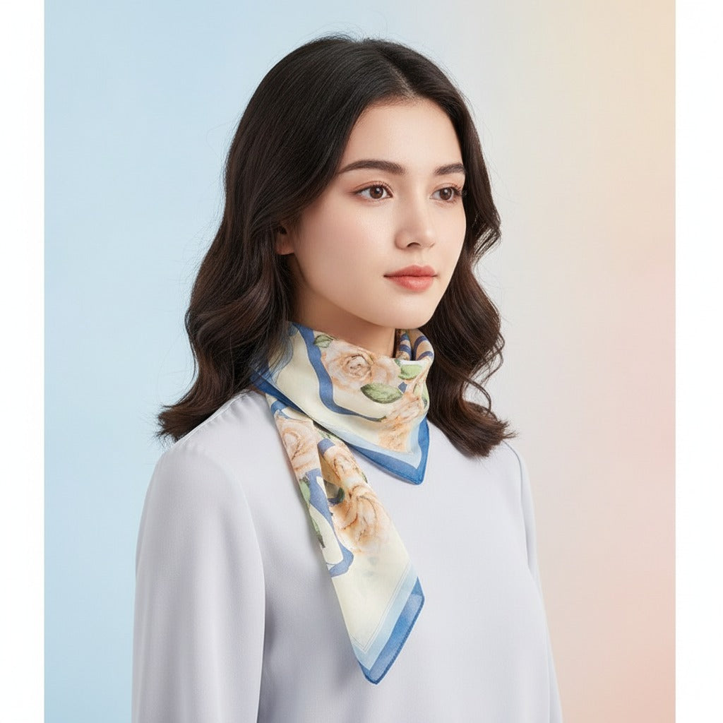 Floral Ribbon Square Scarf - Cream & Blue
